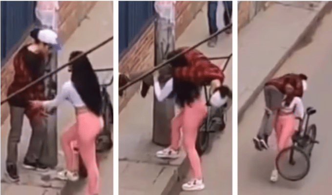 ¡Increíble! Mujer carga a su novio borracho y su bicicleta