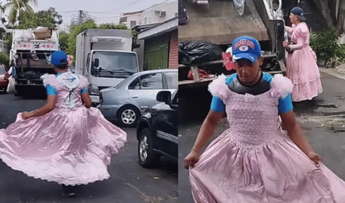 ¡Trabajadores de limpieza virales con vestidos rosas!