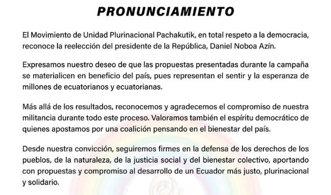 Pachakutik Reconoce Victoria de Daniel Noboa en las Elecciones 2025
