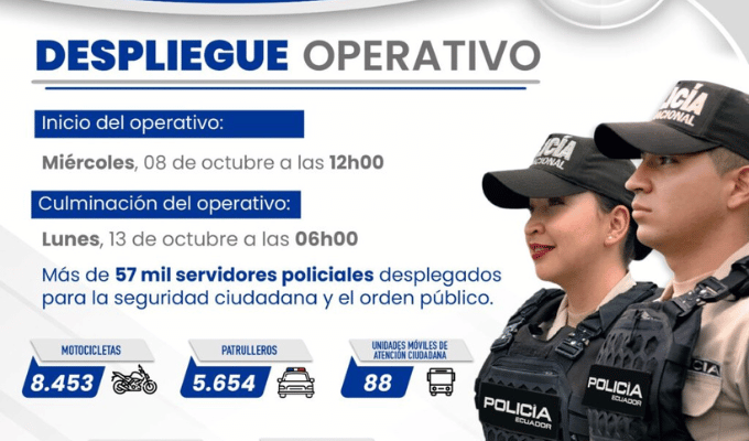 Feriado 9 de Octubre: 57 mil policías se desplegarán en Ecuador