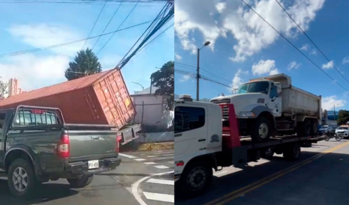 Tráiler casi vuelca y volqueta roza el Trole en Quito